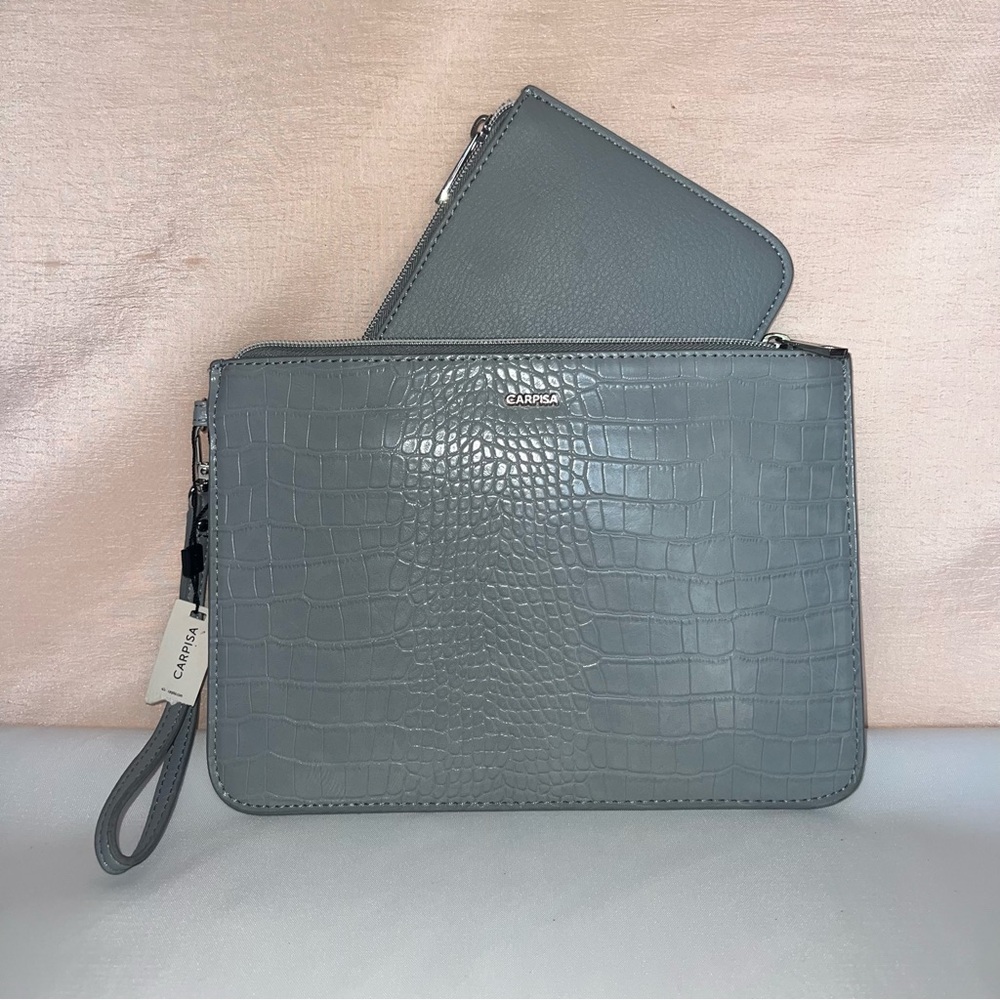Carpisa Italian Leather Clutch And Wallet NWT Gray Textured Snakeskin Zippers